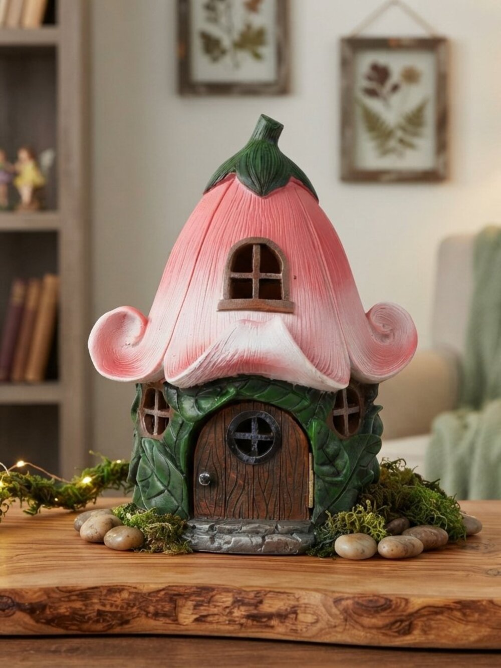 Pink Flower Fairy House Figurine 9.5" Tulip Cottage Gnome Garden Decor